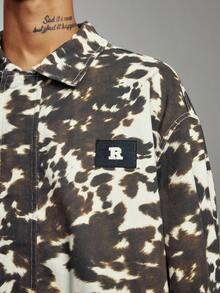 ROMWE MEN Street Life Men's Cow Print Letter Embroidered Drop Shoulder Casual Denim Jacket