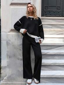 EURMUSE Damen gestreifter Pullover und Strickhose 2 Stücke Set Co-Ords Zwei-Teile-Set Damen Schwarz Zwei-Teile-Set Damen 2 Stücke lässig-Set Damen Langarm Zwei-Teile-Set Bequemes Zwei-Teile-Set,Winterkleidung - Schwarz - Übersicht 7