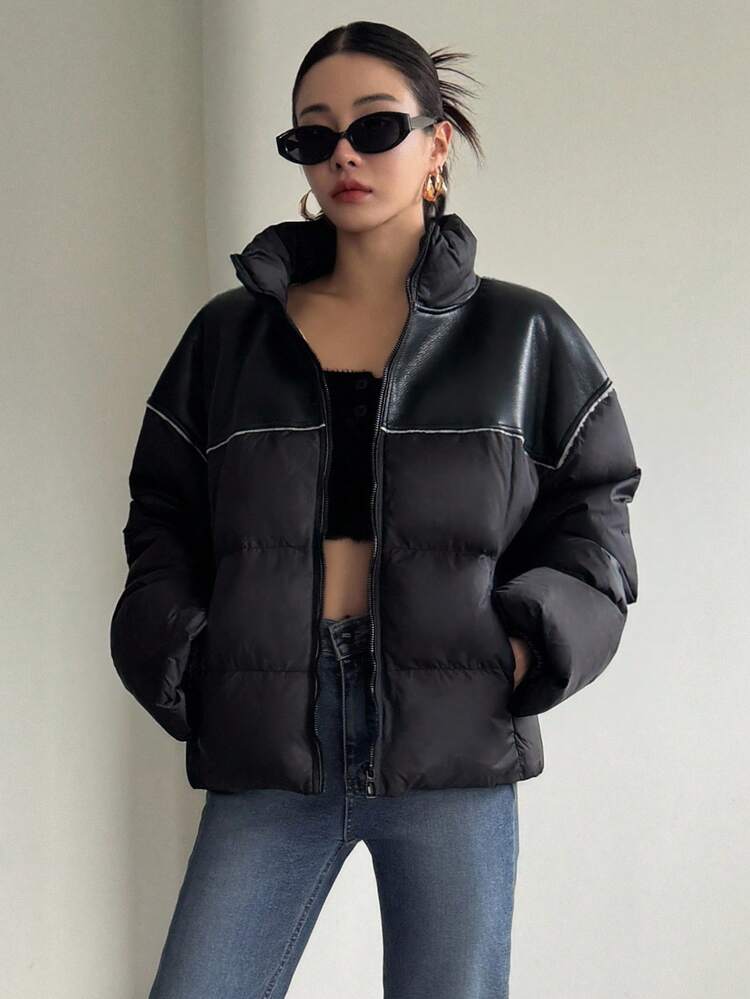 Women's Autumn/Winter PU Leather Patchwork Loose Casual Street Style Padded Coat Jacket