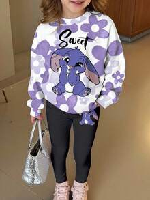 SHEIN Kawaii Cartoon Blue Rabbit Lulu & Stitch Pattern, Blue Ombre Floral, Young Girl Casual Crew Neck Long Sleeve Sweatshirt And Leggings Two Pieces Set, Suitable For Autumn/Winter, Vacay Vibes, Sunny Journey, Casual Outfits Spring, Summer Getaway, Momentos En Familia, Cute Y2K Coconut Girl Boho Vacation Springbreak, Brunch-Ready Baby Blue Girls Trip, Neon Beach Vibes, Bohemian Hippie Music Festival - Multicolor - View 1