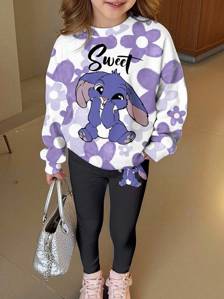 SHEIN Kawaii Cartoon Blue Rabbit Lulu & Stitch Pattern, Blue Ombre Floral, Young Girl Casual Crew Neck Long Sleeve Sweatshirt And Leggings Two Pieces Set, Suitable For Autumn/Winter, Vacay Vibes, Sunny Journey, Casual Outfits Spring, Summer Getaway, Momentos En Familia, Cute Y2K Coconut Girl Boho Vacation Springbreak, Brunch-Ready Baby Blue Girls Trip, Neon Beach Vibes, Bohemian Hippie Music Festival - Multicolor - View 1