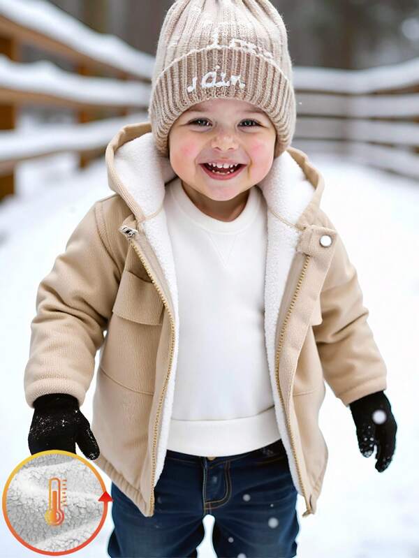 SHEIN 6M-3T Baby Boy Autumn/Winter Corduroy Lined Hooded Front Zip Jacket, Suitable For Commuting, School, Casual, Travel, Sports, Home, Children/Infant Clothing Baby Boy Winter Coat Toddler Boy Winter Clothes Baby Winter Jacket Boys Fleece Jacket Winter Clothes Toddler Boy Boys Winter Outerwear Winter Jacket Baby Boy Fall