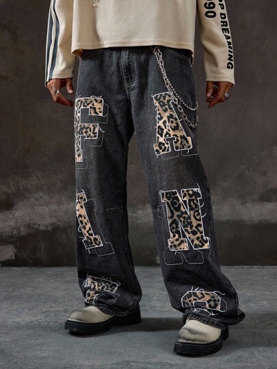 Street Life Jeans de mezclilla con parche de estampado de leopardo de moda para hombres