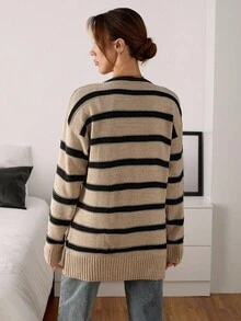 EURMUSE Women Button Front Striped Loose Cardigan,Long Cardigans Woman,Petite Cardigans,Cardigans - Grey - View 2