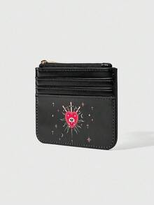 ROMWE Fairycore 1pc Card Holder & Coin Purse With Moon, Love, Eyes Print - Black - View 2
