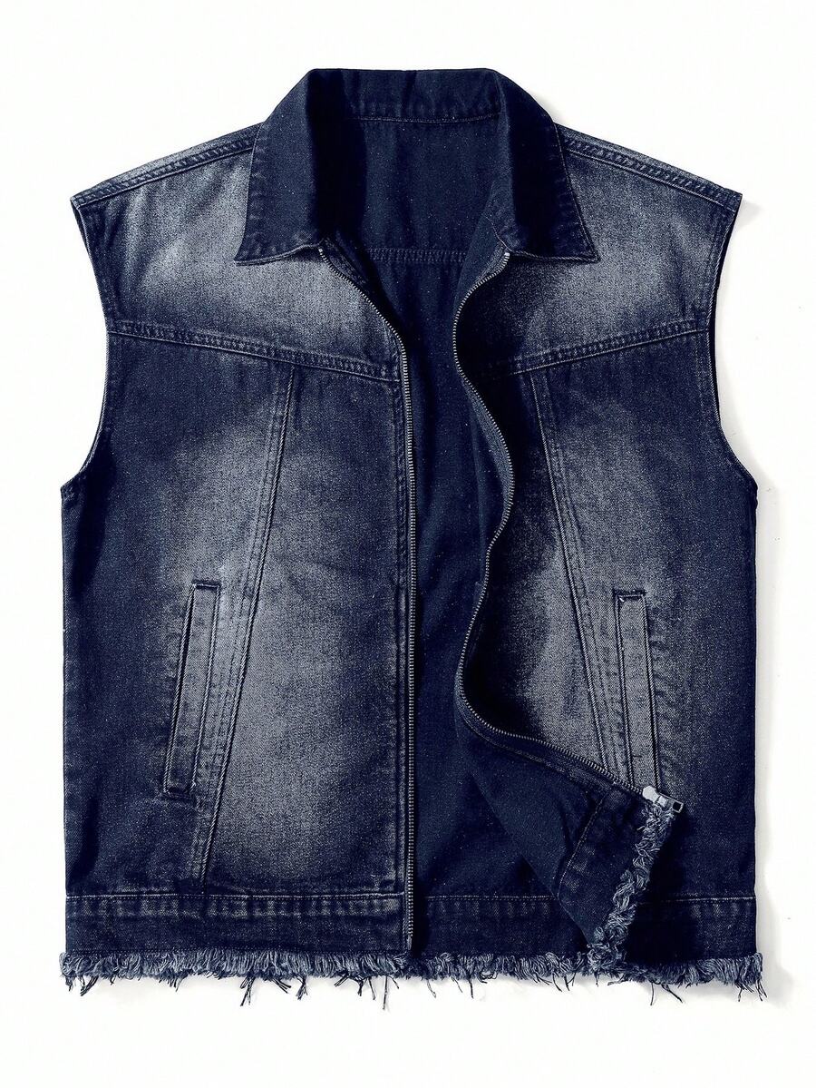 Manfinity EMRG 男士休闲水洗拉链磨边牛仔背心，夏季男朋友和丈夫牛仔水洗蓝色牛仔背心，秋季 - 深色水洗藍 - 查看 1