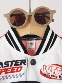 SHEIN Playful Pals 2 件套男童秋冬时尚休闲红黑撞色字母赛车印花棒球夹克搭配松紧腰裤，适合 4 岁至 7 岁幼儿男童户外穿着