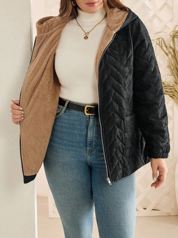 Plus Size Casual Thermal Lined Hooded Coat, Versatile For Winter Coats Women Quilted Winter Coat , Black