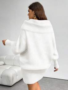 Firerie Plus Size Casual Versatile Y2K Style Off Shoulder Long Sleeve Sweater Dress, Comfortable For Commuting & Daily Wear, Retro Gray, Autumn/Winter - White - View 2