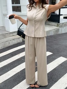 Livesso Ensemble 2 pièces Top sans manches et pantalon de couleur unie minimaliste pour femmes, tenue décontractée pour tous les jours - Nude - Voir 5