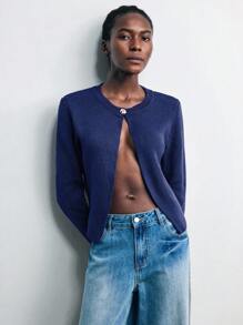 Maija 1 件女式修身短款性感长袖金属针织开衫，适合初秋返校季和过渡天气、秋季、冬季、夜间外出、外出上衣女士、夜间外出、约会之夜、老钱风格 - 藏蓝色 - 查看 10