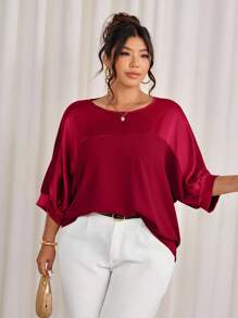 Allurite Áo thun chui đầu cổ tròn tay 3/4 vải kim loại chắp vá màu tương phản vải dệt cổ tay áo raglan thường ngày đi chơi đi làm dự tiệc - Đỏ - Xem 1