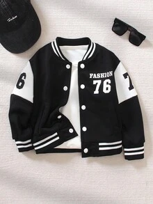SHEIN 男童字母条纹印花单排扣棒球夹克，长袖，秋冬季时尚之选 - 黑與白 - 查看 1