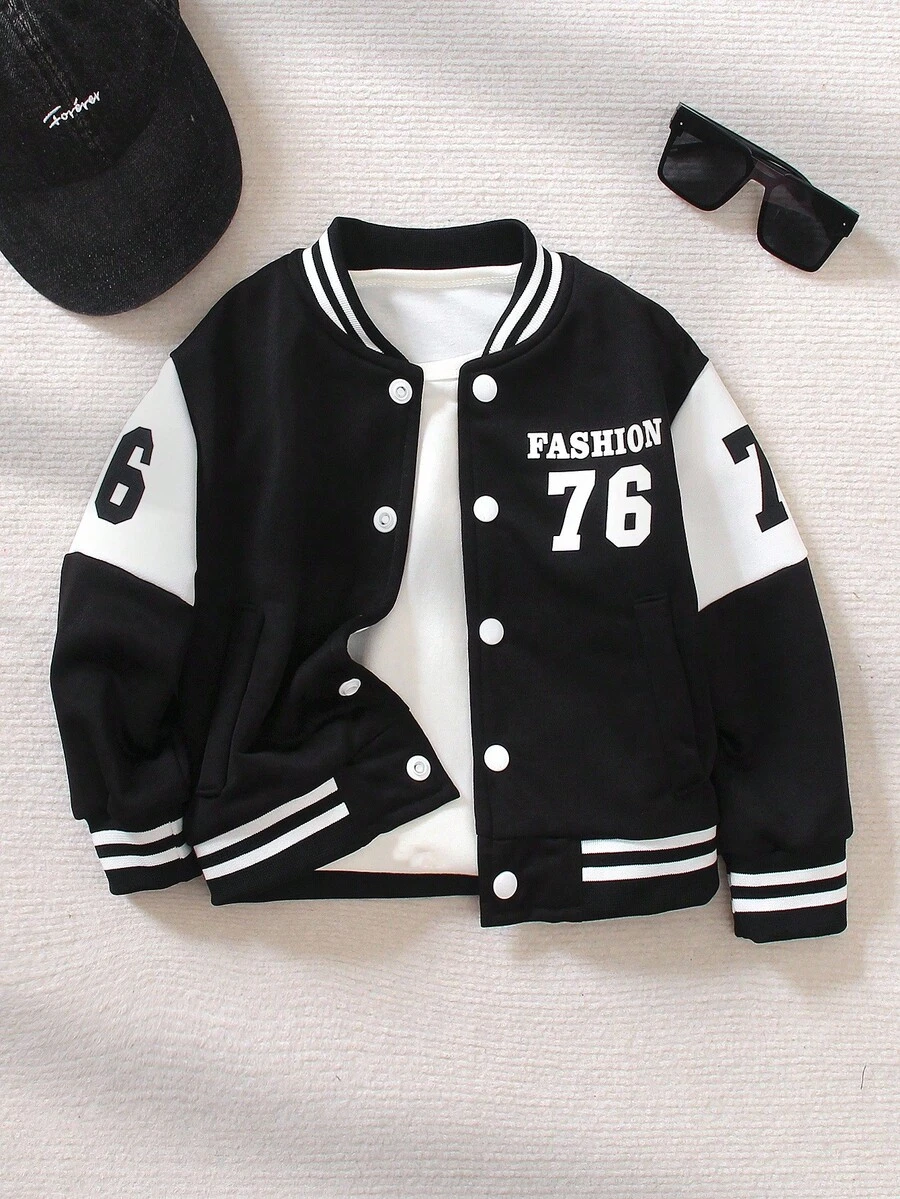 SHEIN 男童字母条纹印花单排扣棒球夹克，长袖，秋冬季时尚之选 - 黑與白 - 查看 1