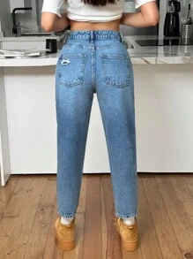 EURMUSE 100% 纯棉高腰妈妈剪裁破洞女式牛仔裤 - 中等水洗藍 - 查看 2