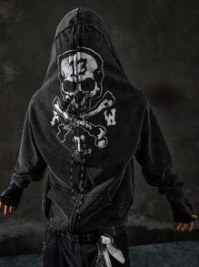 ROMWE MEN Street Life Men's Dark Style Skull Print Zip-Up Hoodie Jacket, Fall - Black - View 8