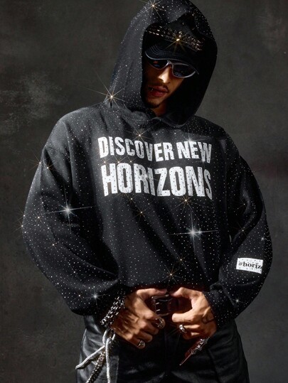 Street Life Men's Street Style Distressed Rhinestone Hoodie Sweatshirt