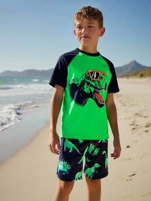 Tween Boy Dinosaur Print Short Sleeve Swimsuit Set - Multicolor - View 1