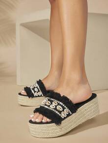 SHUZIA Women Wedge Heel Braided Strap Open Toe Platform Sandals - Black - View 3