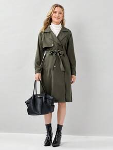 Miaspire 西裝領插肩袖雙排釦腰帶風衣外套 - 軍綠色 - 查看 3