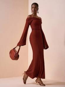 Zivah 2025 秋季新款音乐节、复活节、圣帕特里克节、西部风、游牧风、生日派对、毕业典礼、学院风、学生装、日常休闲、百搭百搭、休闲、邮轮旅行、海滩、日光浴、病毒式传播、街头服饰、婚礼宾客波西米亚风、通勤、早午餐、机场、圆领无袖褶皱肩带腰部超长纹理棕色连衣裙 - B - 棕色 - 查看 3