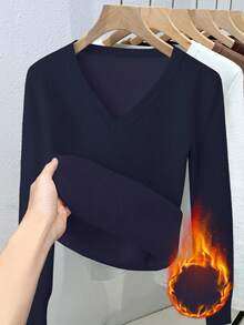 Franclia 女士休闲纯色保暖内衬 V 领长袖毛衣，秋冬季女装女士长袖 V 领上衣保暖长袖上衣女士冬季上衣长袖羊毛上衣女士 V 领上衣 - 藏蓝色 - 查看 8