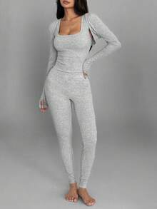 FavEase 2pcs Women's Tight-Fitting Crop Top And Skinny Jumpsuit Solid Color Workout Outfit, Fashionable Activewear Set