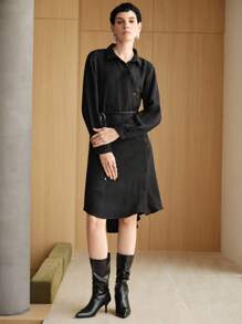 Uhlyne Women's Stylish Textured Fabrics Casual Shirtcollar Button Up Long Sleeve Shirt Dress, Mid-Length, Easy Care,Autumn,Minimalist,Work Wear,Teacher Outfits,Back To School,Fall,Neutral Clothes,Business Casual,Old Money Style, Navy Blue - Black - View 5