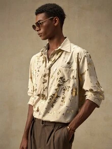 AKNOTIC Business Casual 男士杏色前开襟纽扣领休闲宽松箔面衬衫，Emo风格，适合秋季，长袖上衣 - 杏色 - 查看 4