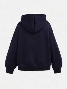 SHEIN 2件套青少年女孩纯色字母印花连帽运动衫和工装裤休闲装 - 藏蓝色 - 查看 7