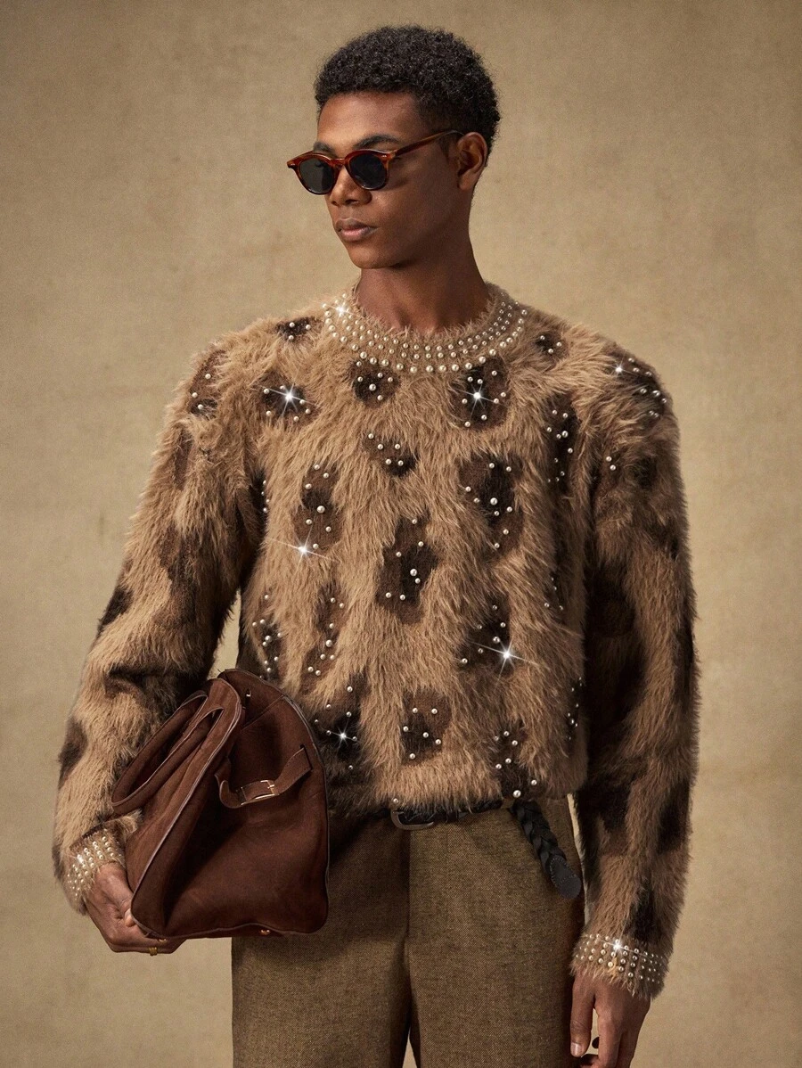 Áo len chui đầu thời trang nam AKNOTIC, họa tiết da báo jacquard đính ngọc trai giả, mẫu mới Thu/Đông, dáng rộng thoải mái, sang trọng cho Giáng sinh, Năm mới. - Cà phê nâu - Xem 1