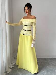 Elenzga Women's Elegant Fashion Commuter Casual Comfortable Charming Retro Long Sleeve Off Shoulder Waist Cinched Polka Dot Patchwork Chiffon A-Line Hem Dress - Butter Yellow - View 5