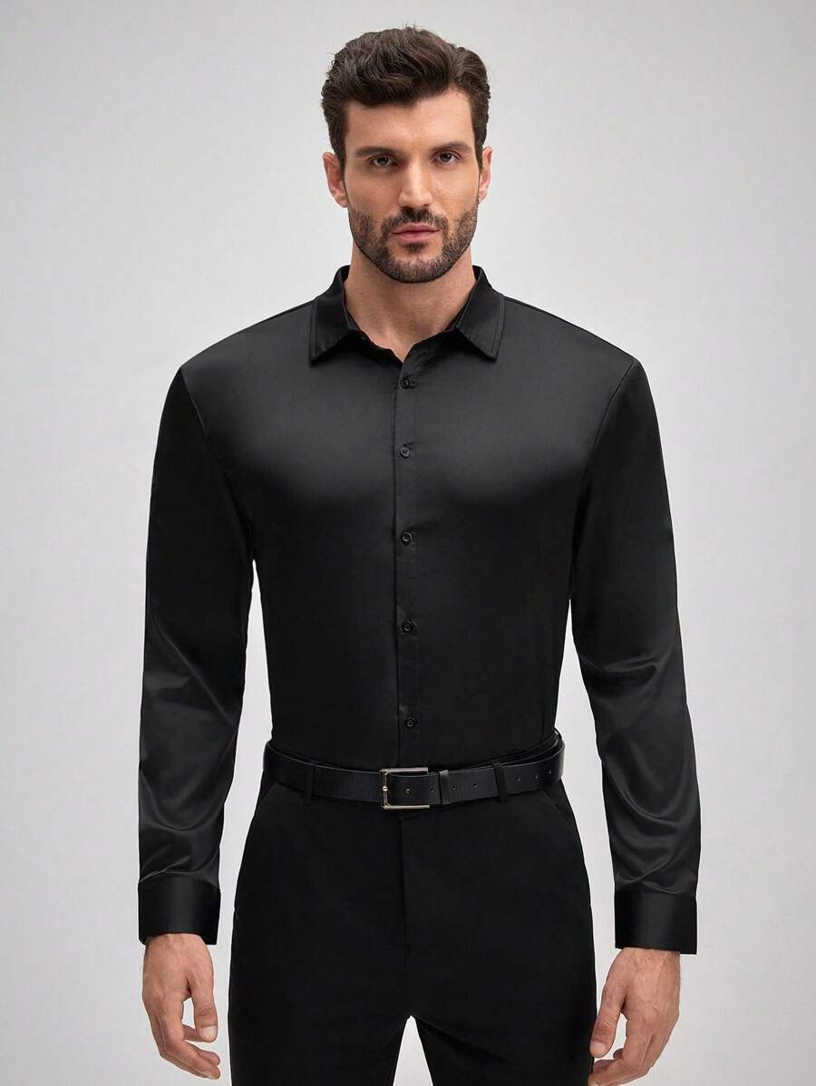 Officeau Men's Satin Fabric Long Sleeve Dress Shirt, Formal Business, Black, Fall, Old Money Men's Dress Shirt