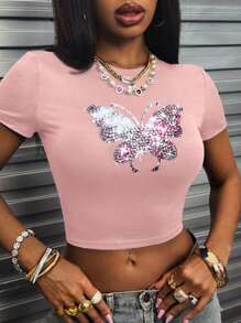 INAWLY Camiseta corta de manga corta casual con cuello redondo y decoración de strass, para verano