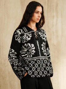 Anewsta 女士花卉提花领口宽松长袖毛衣，秋季 - 黑色 - 查看 4