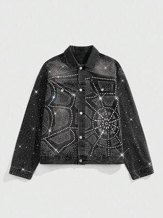 Street Life Casual Fashion Versatile Long Sleeve Men's Rhinestone Denim Jacket