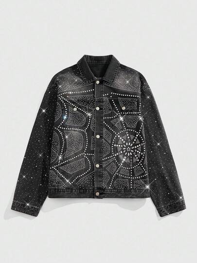 Street Life Giacca di jeans casual e versatile da uomo con strass, manica lunga, autunnale