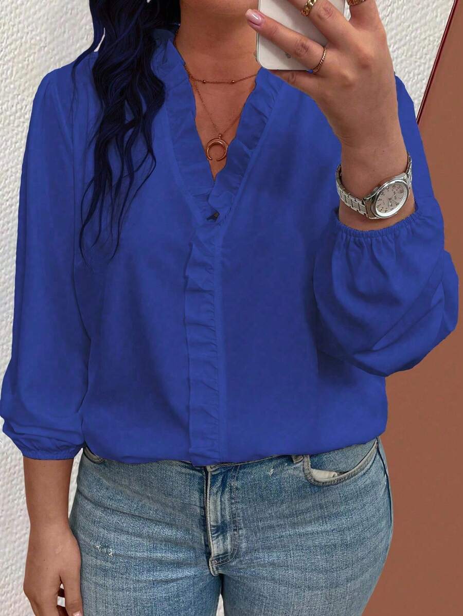 Women's Plus Size Solid Color Simple Daily Wear Long Sleeve Shirt Fall Cloth For Women - Blue - View 1