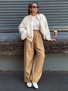 DAZY 女士立领罗纹拼接宽松下摆仿皮草外套，休闲街头风女式外套 - 米色 - 查看 3