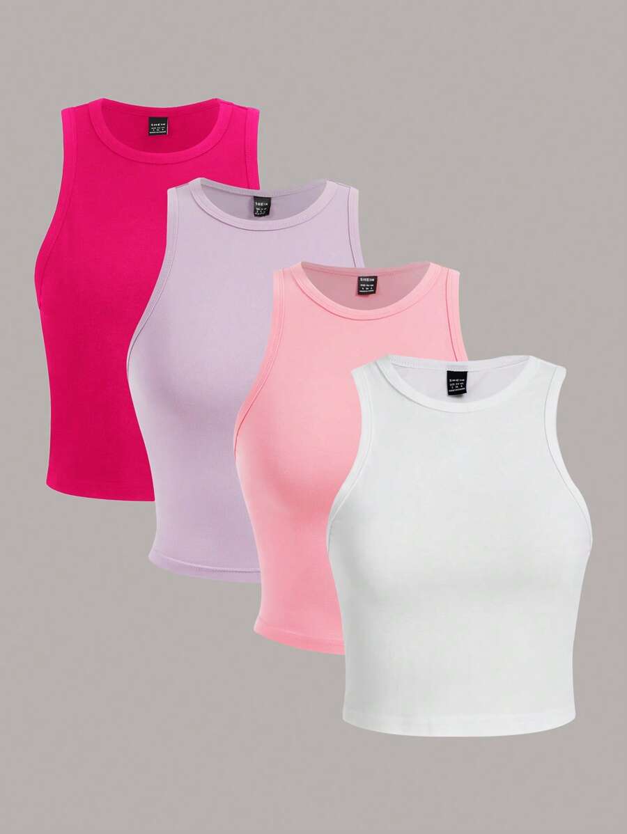 SHEIN Essnce 4 件套休闲百搭性感圆领修身女式背心,适合夏季 - 彩色 - 查看 1