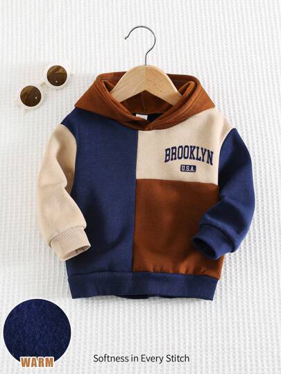 Cozy Pixies Sudadera de cuello redondo de manga larga con bloque de color y estampado de letras para bebé niño, casual y versátil, para otoño/invierno, ropa de bebé niño, sudadera de bloques de color para bebé niño, sudadera para bebé niño, ropa de invierno para bebé niño, sudadera de manga larga para bebé niño