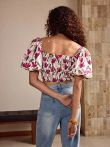 Glamance Kays Illustrations Women's Fashion Sweetheart Collar Printed Short Blouse Going Out Fall Elegant Blouses Casual - Multicolor - View 2