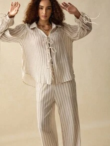 SoleilVie 2pcs Set: Tie-Up Long Sleeve Shirt And Loose Pants Fall Cloth For Women - Apricot - View 5
