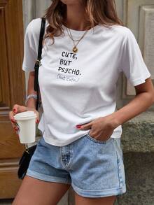 EURMUSE Minimalist White T-Shirt With Playful Embroidered Text – "Cute But Psycho (But Cute)" Embroidery Detail For A Fun, Edgy Touch – Classic Round Neckline And Short Sleeves – Regular Fit For Everyday Comfort – Soft, Breathable Fabric For All-Day Wear – A Statement Tee With A Yet Casual Vibe - White - View 7