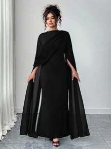 Elenzga Plus Size Fitted Waist Elegant Robe, Navy Blue Chiffon Fall Cloth For Women