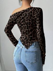 Firerie 优雅棕色豹纹露肩长袖上衣 - Old Money 女士秋冬派对装，适合约会和夜店之夜，秋季上衣 - 彩色 - 查看 2
