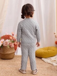 Blossori Baby Girl Cable Pattern Long Sleeve Sweater And Knitted Pants Set, Autumn Fall Winter - Grey - View 2