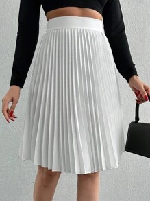 EURMUSE Women's Solid Color Pleated Casual Summer Skirt - White - View 5