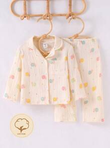 2pcs Baby Girls' Apricot Color Colorful Snail Pattern Lapel Cardigan Long Sleeve & Pants Cotton Pajama Set  Cotton Pajama Set Baby Baby Cotton Clothes Set Baby Pajamas Baby Set Cotton Toddler Cotton Pajamas 6M-3Y Fall Winter