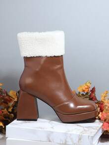 SHUZIA Contrast Fluffy Side Zip Chunky Heeled Boots - Rust Brown - View 2